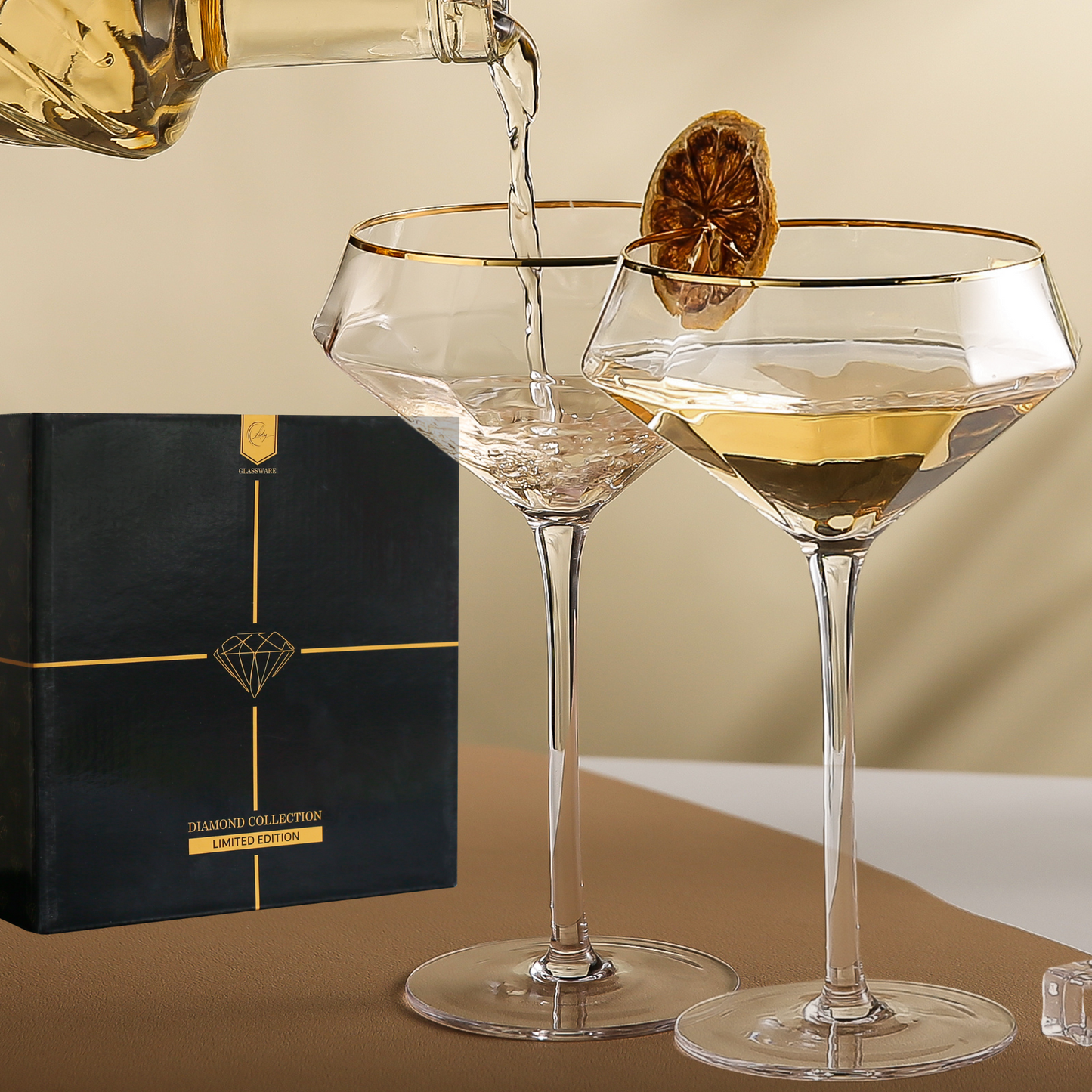 Diamond Martini Glasses Set of 2 Gold Rim