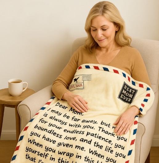 Mother enjoying a beige letter blanket while smiling in an armchair – a thoughtful and loving Mother’s Day 2025 gift idea.
