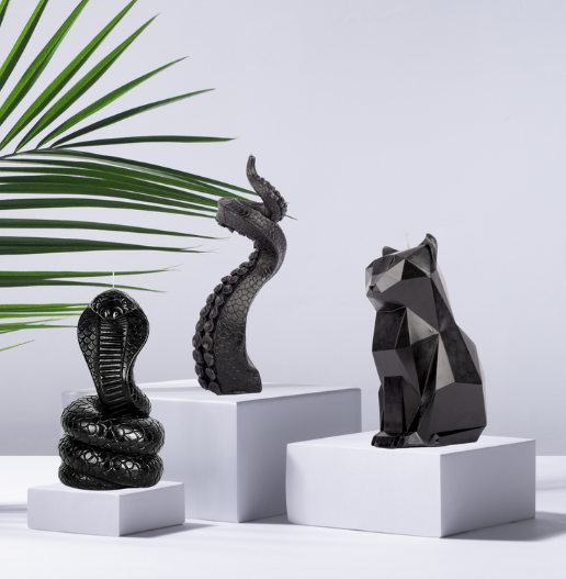 Set of three black gothic candles – cat, snake, and tentacle for weird candles lovers and gothic decorations