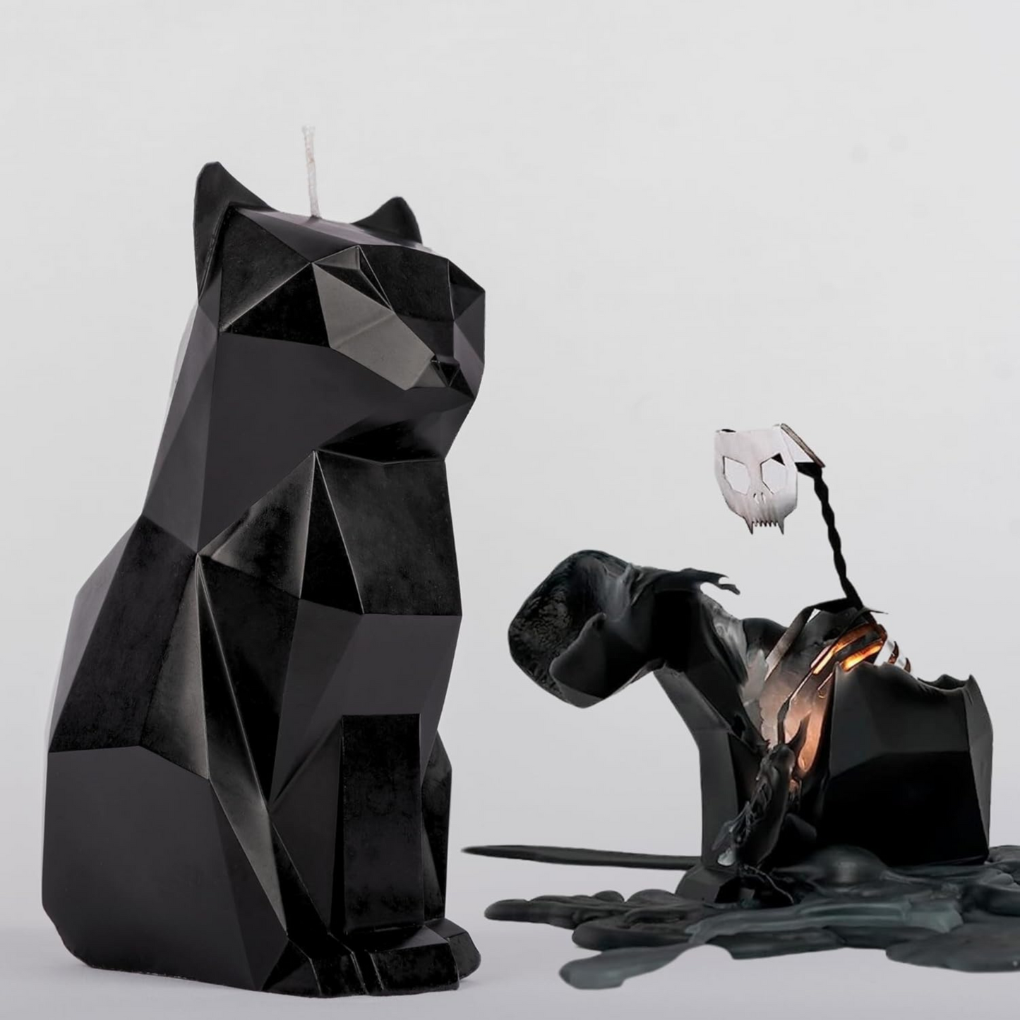 Before and after – black cat candle with skeleton revealed, spooky and weird decor