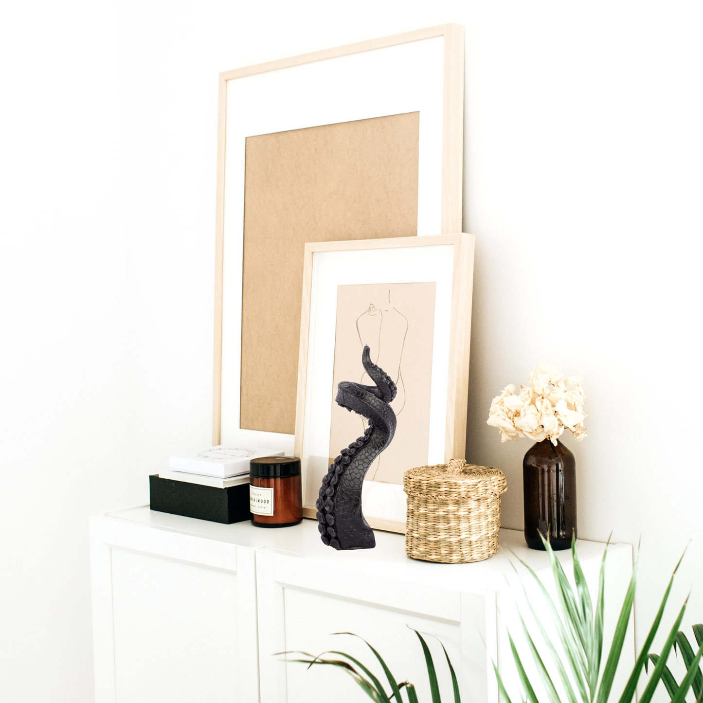 Octopus candle in bright minimalist room – contrast piece for aesthetic home decor and modern weird style