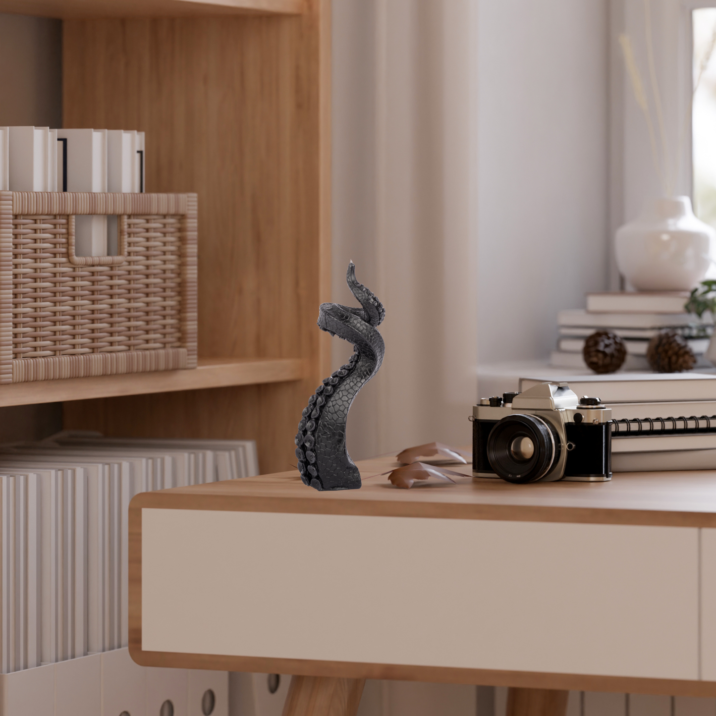 Black octopus candle in cozy interior – adds gothic charm to shelves and aesthetic corners