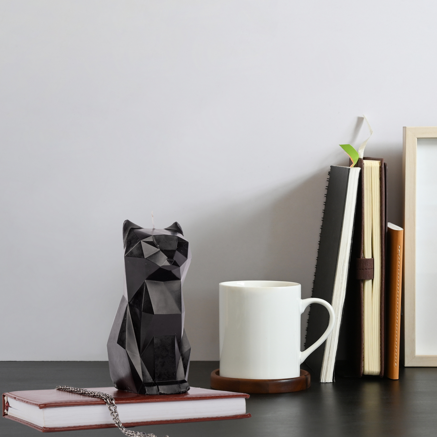 Cat candle on desk with office supplies – unique goth gift for workspace decoration