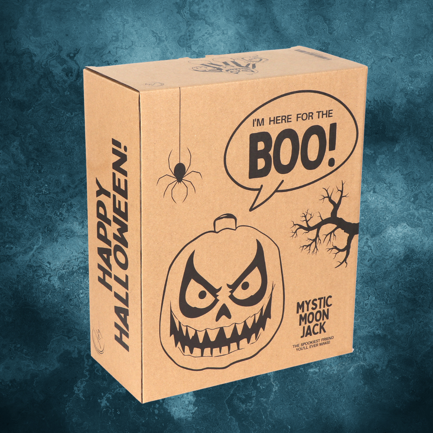 Front of Mystic Moon Jack designer box with Halloween-themed packaging, spooky background