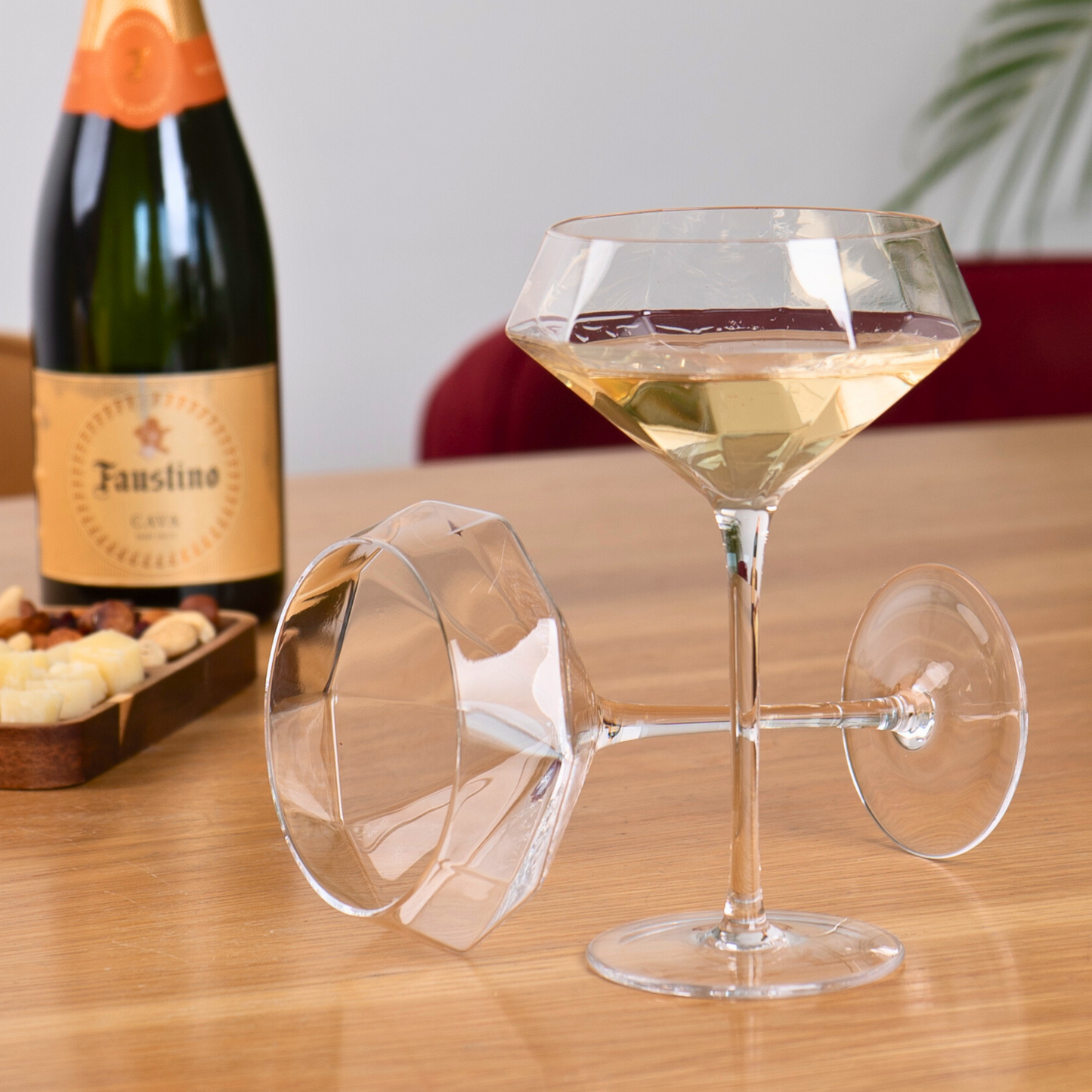 Elegant martini glasses displayed on coffee table