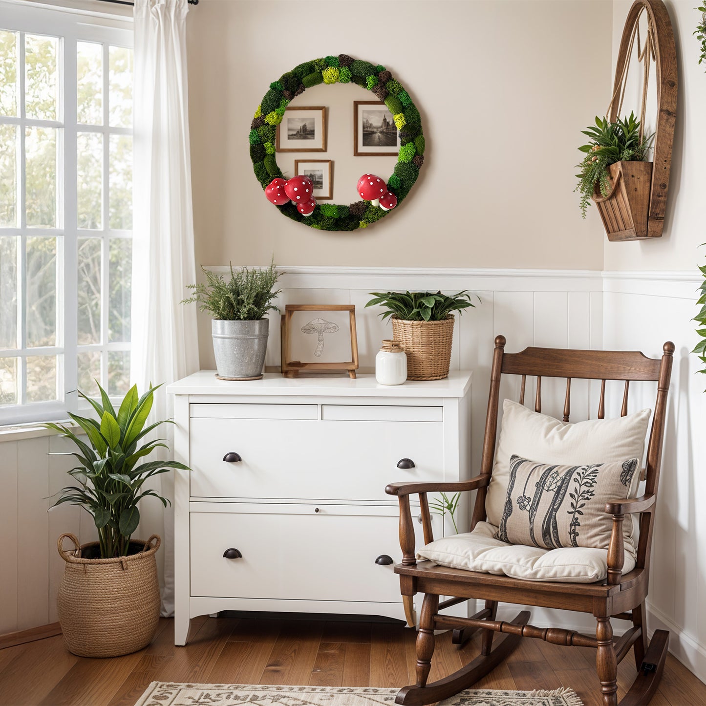 Rustic hallway with white furniture – large rustic mirror with green moss and mushroom accents