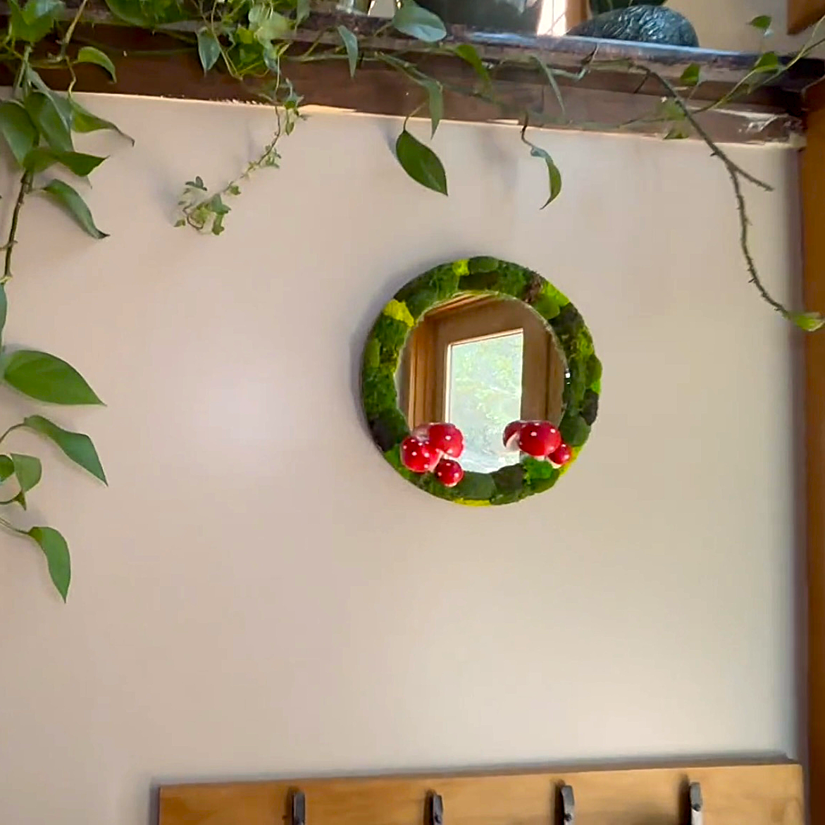 Wall mirror with forest leaves – mushroom decor mirror with preserved moss and woodland style