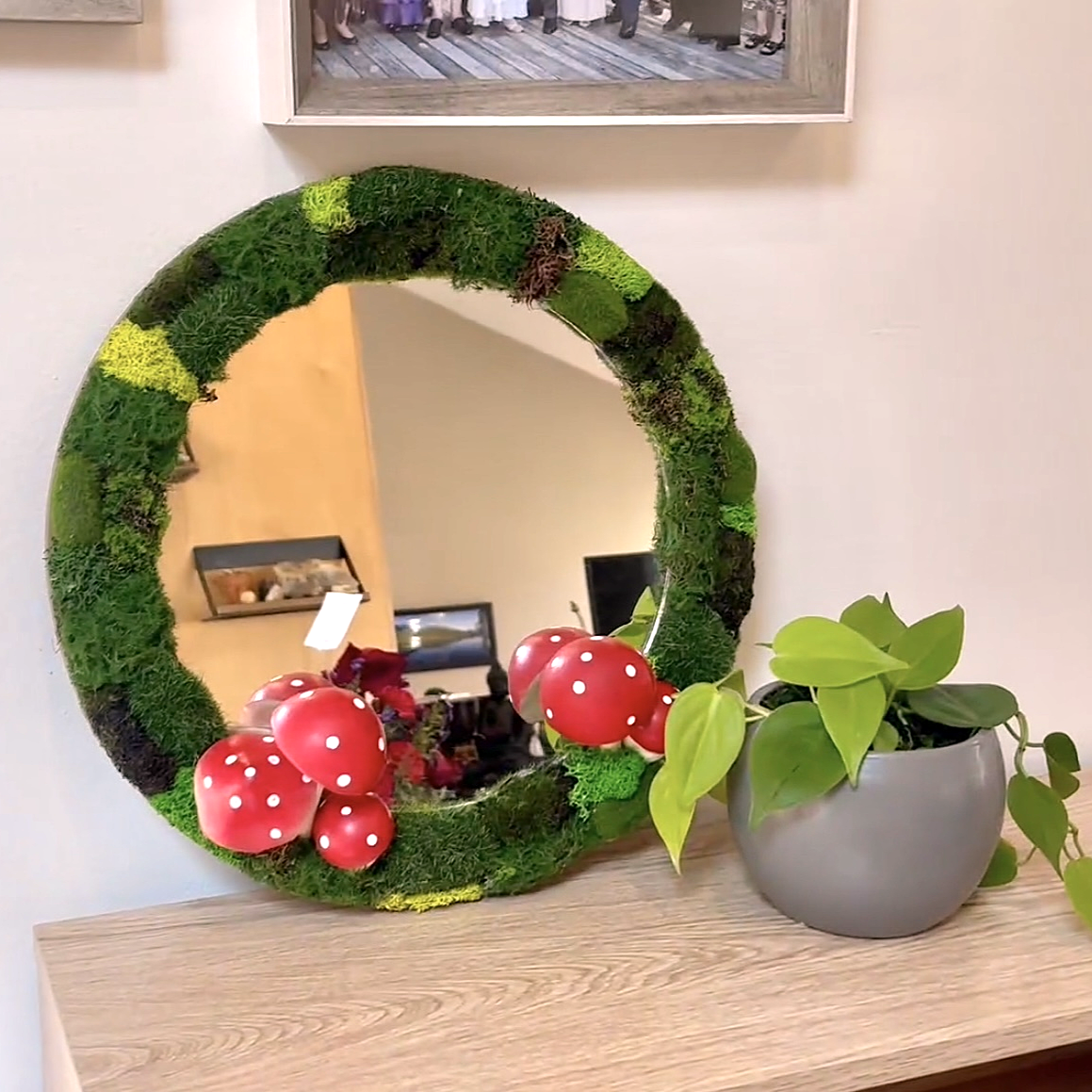 Shelf display with green mirror – cottagecore aesthetic mirror with natural moss and mushrooms