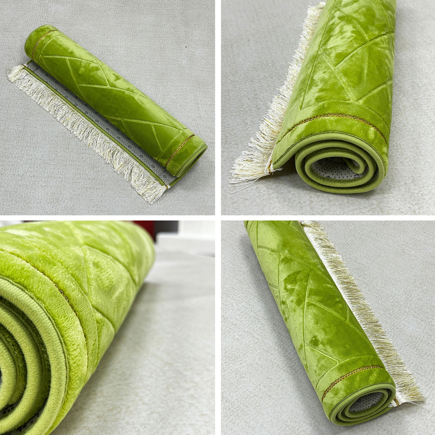 Four-image collage of green prayer rug – Muslim prayer mat for Ramadan, Eid, and daily salah