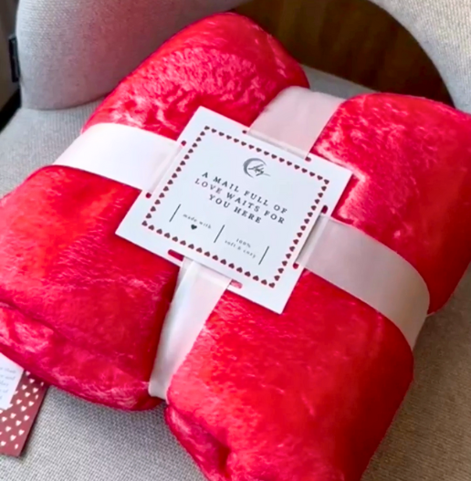 Gift-wrapped red fleece blanket with ribbon and card – ready for girlfriend gifts, boyfriend gifts, daughter gifts, and parents gifts.