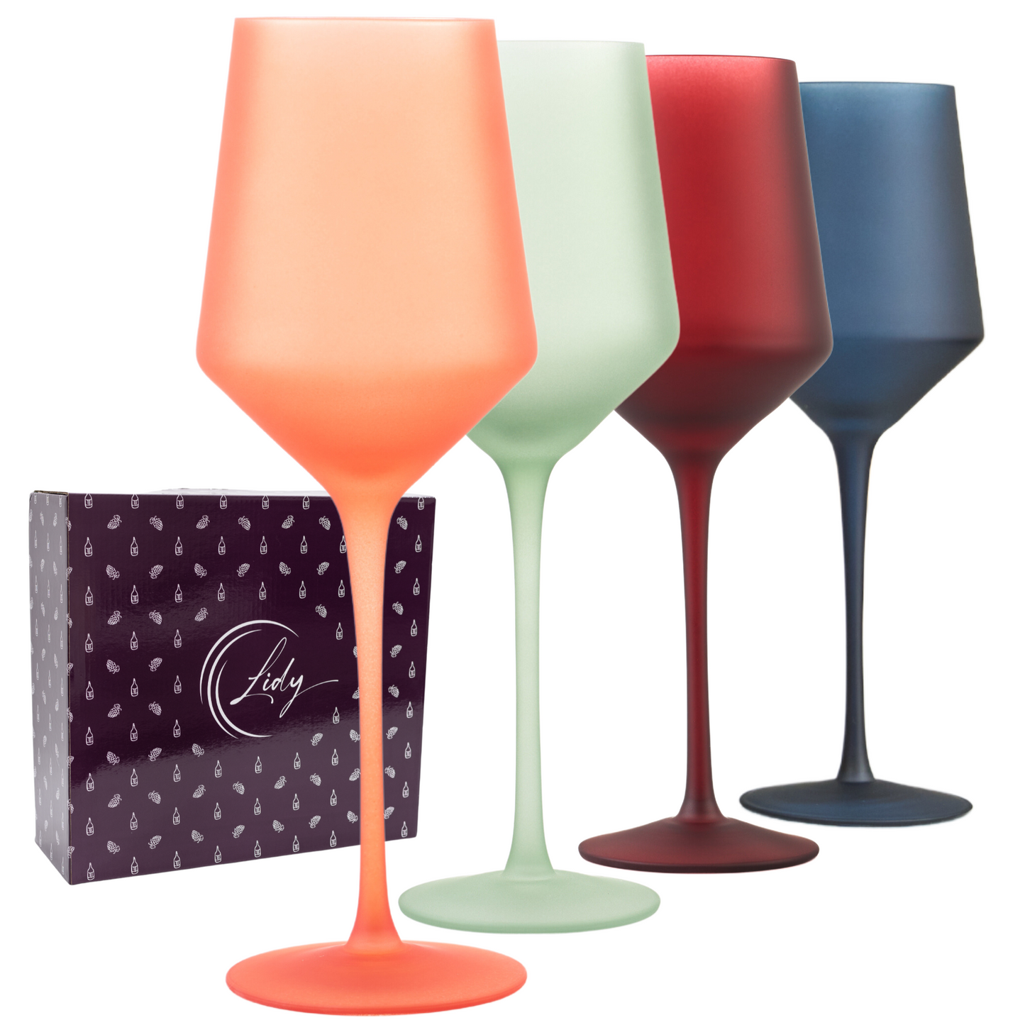 Matte wine glasses set with vibrant pallete of colors: red, peach, green and blue