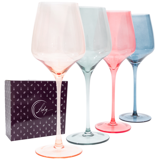 Buy these best colorful wine glasses online; a set of four unique, hand-blown pieces for sophisticated entertaining