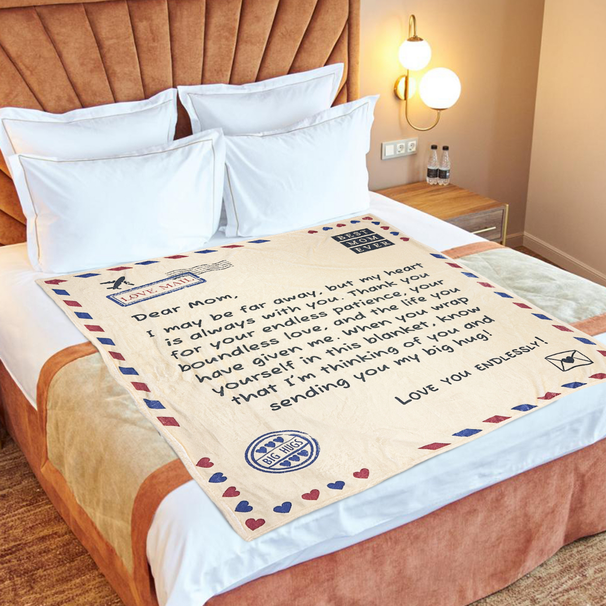 beige bed throw blanket with love letter 