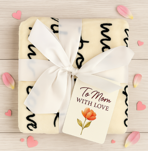 Beige letter blanket for mom, ribbon-wrapped and folded with a heartfelt postcard – perfect Mother’s Day 2025 gift blanket.