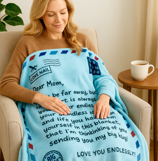 Mother enjoying a blue letter blanket while smiling in an armchair – a thoughtful and loving Mother’s Day 2025 gift idea.