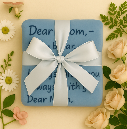 Blue letter blanket for mom, ribbon-wrapped and folded with a heartfelt postcard – perfect Mother’s Day 2025 gift blanket.