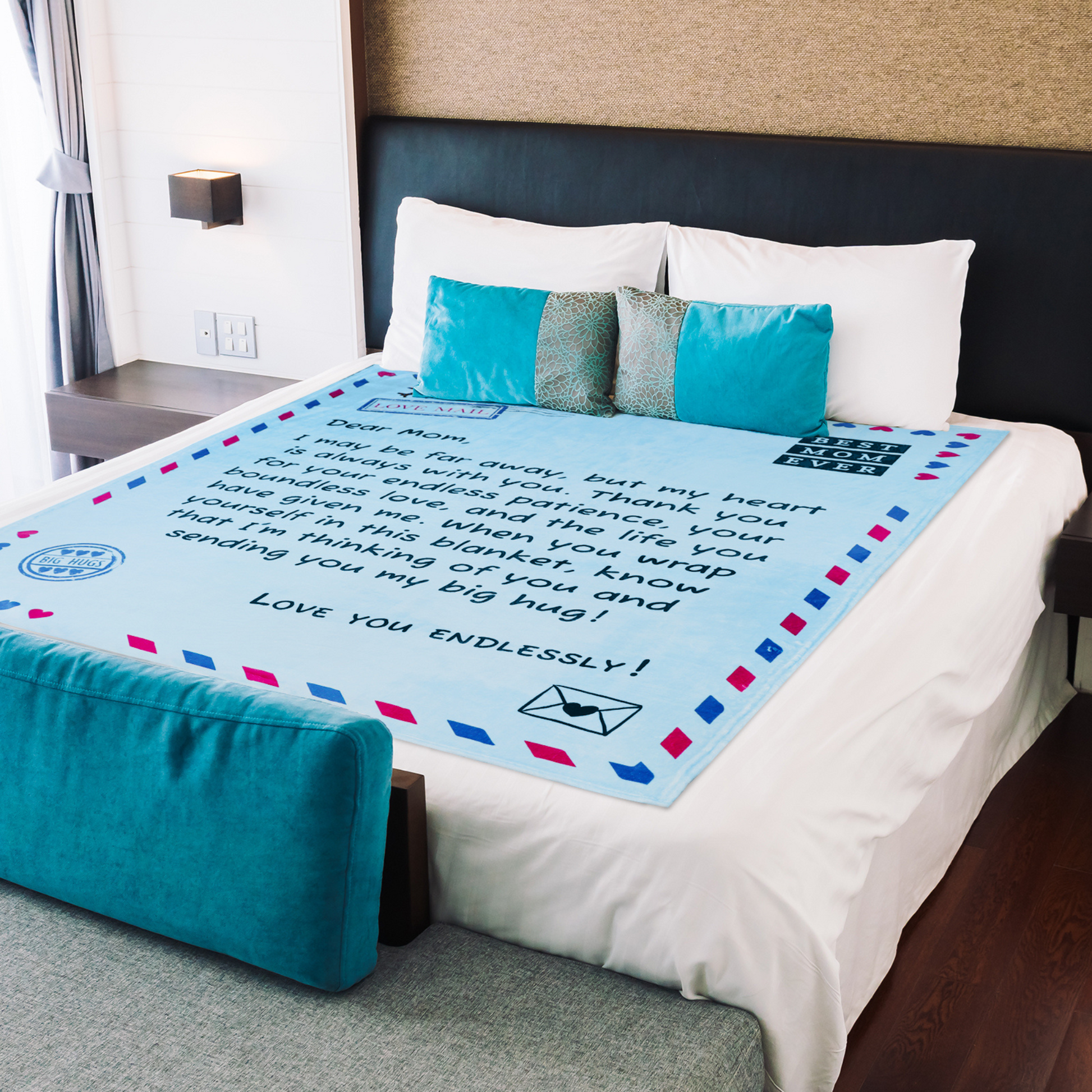 blue bed throw blanket with love letter 
for mom