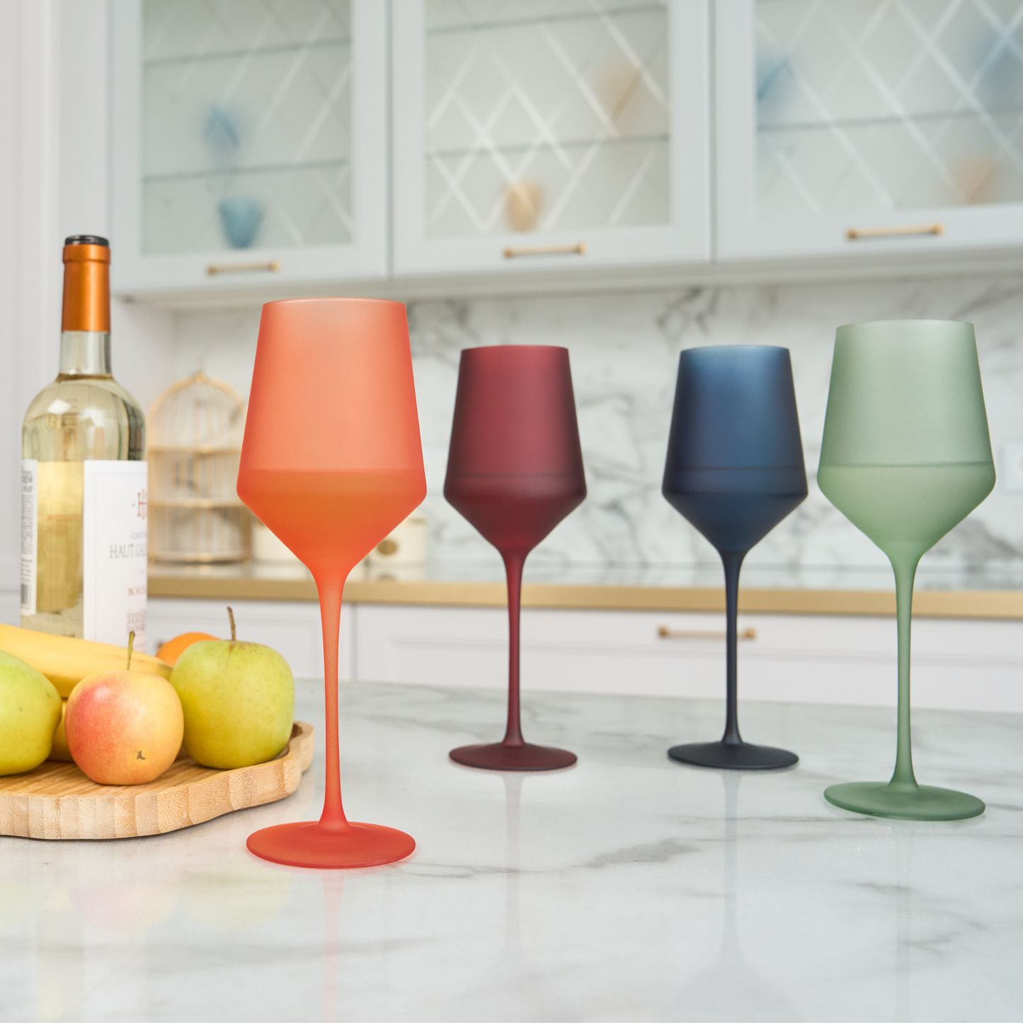 Colorful glassware set, including four hand-crafted cocktail glasses in vivid colors, made from lead-free glass