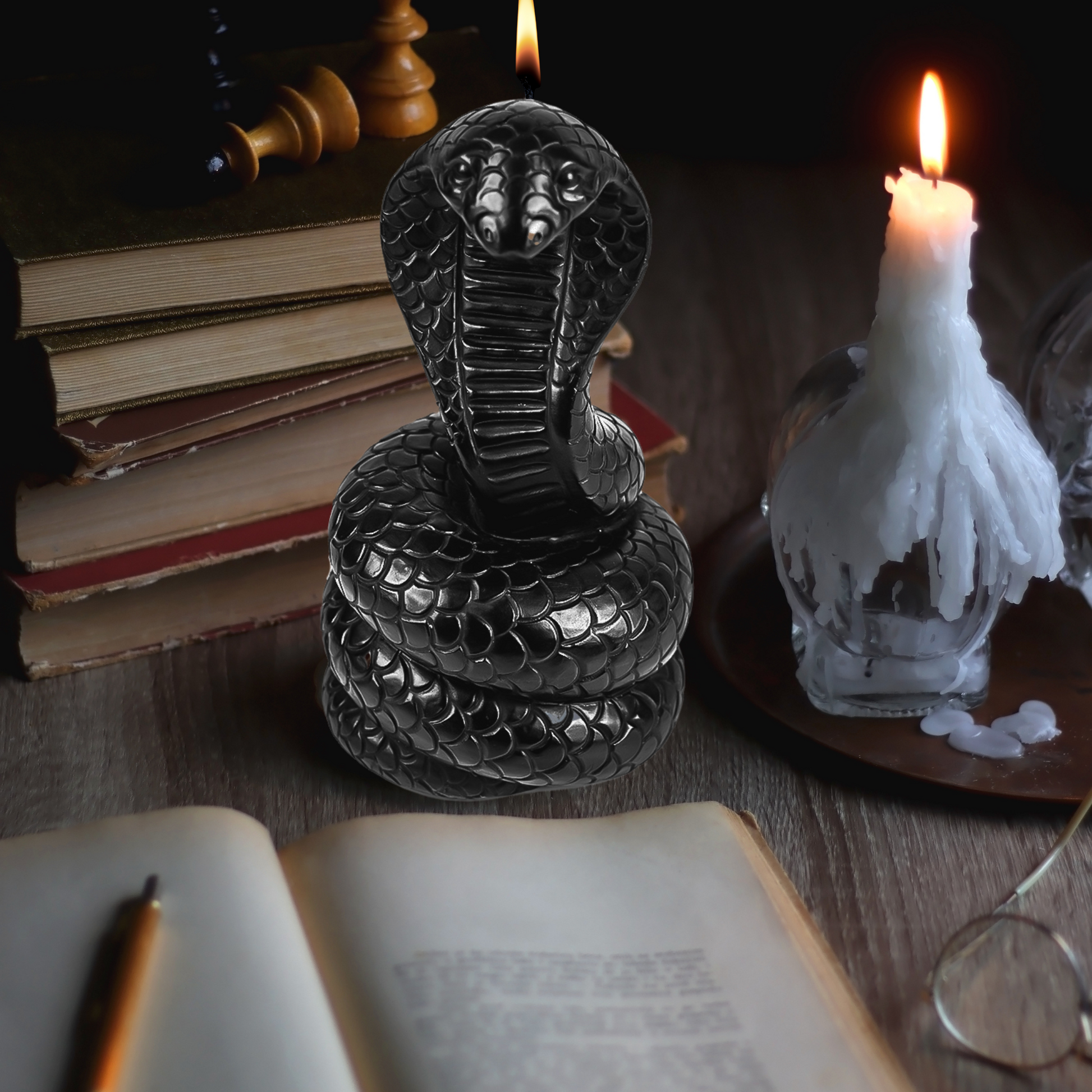 Snake figurine candle on altar with candles – gothic decorations, witchy gifts, snake decor