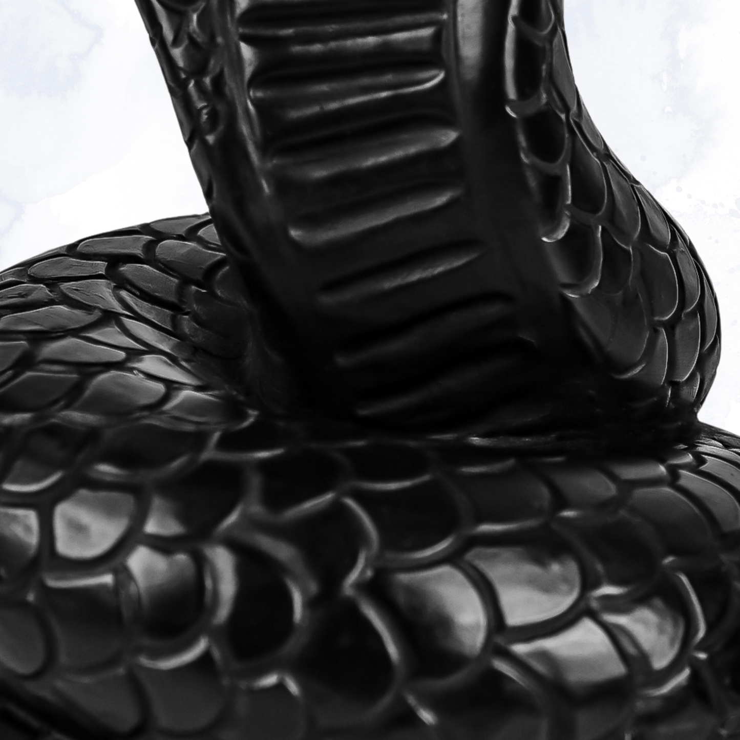 Close-up of cobra head and raised hood – black snake candle, skull decor, weird candles