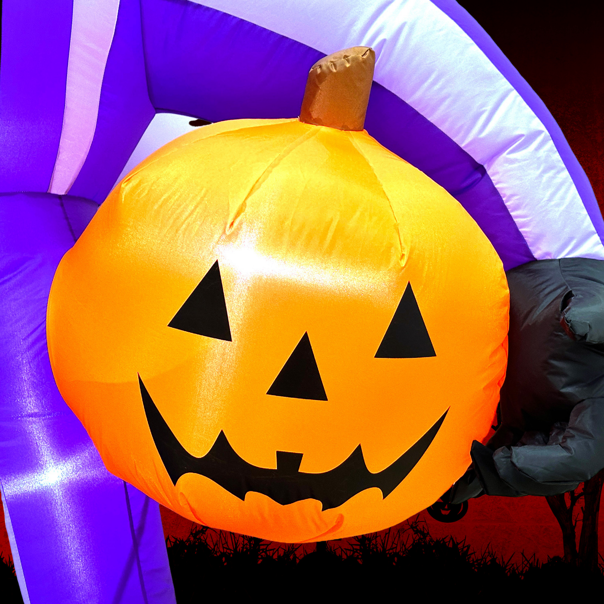 Pumpkin held by Mystic Moon Jack, close-up showing jack o lantern pumpkin with eerie expression