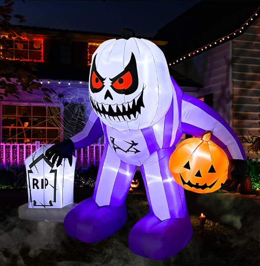 Mystic Moon Jack inflatable Halloween monster standing tall in front of a decorated spooky yard