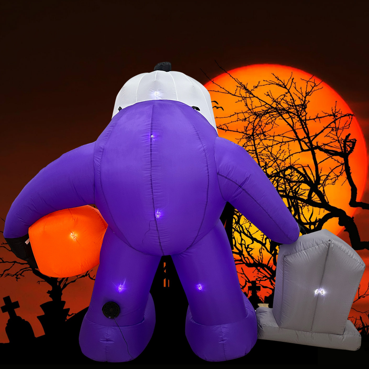 Back of Mystic Moon Jack with seven built-in LED lights glowing, shown against a Halloween scene