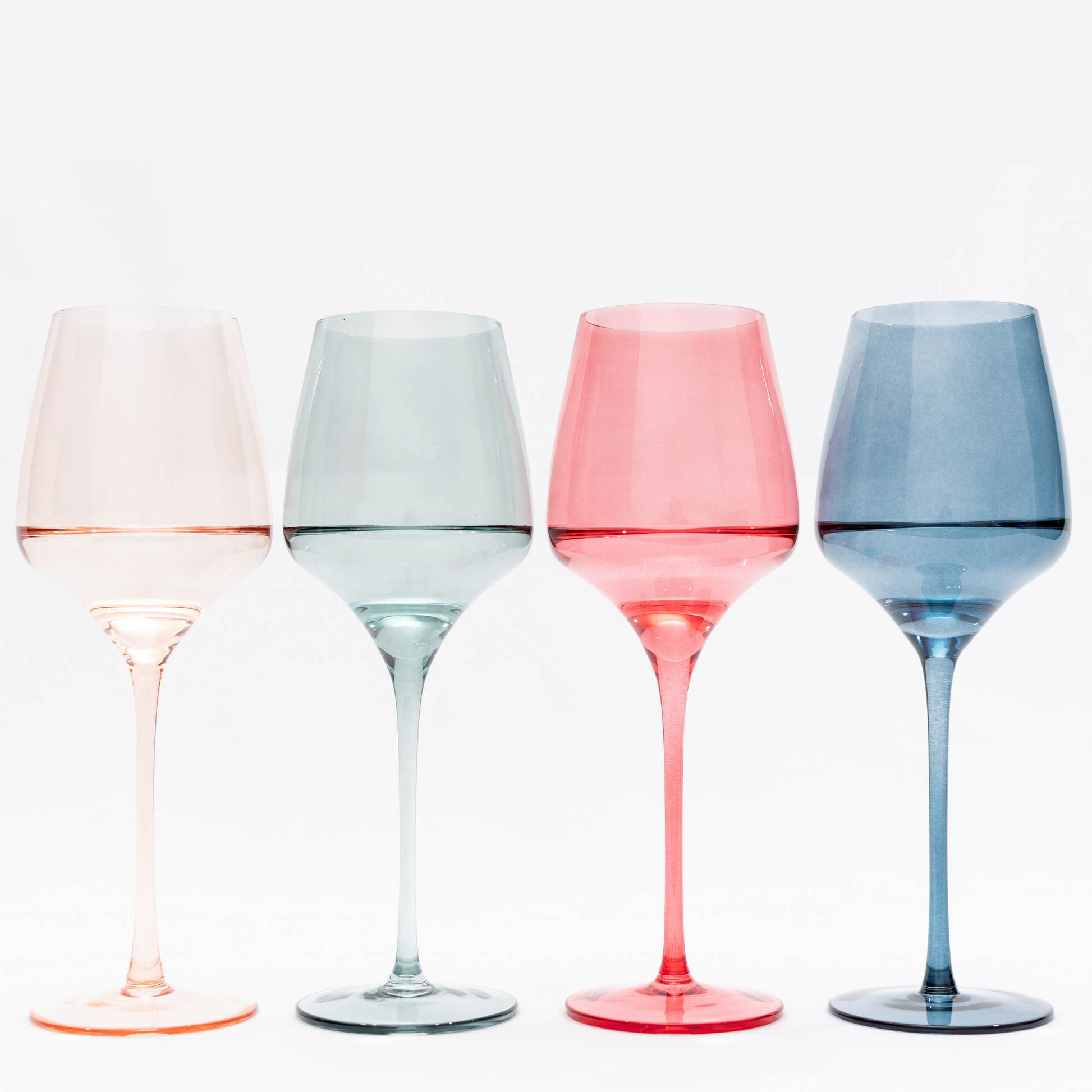 Set of four lead-free crystal wine glasses in vibrant colors, perfect for both red and white wines