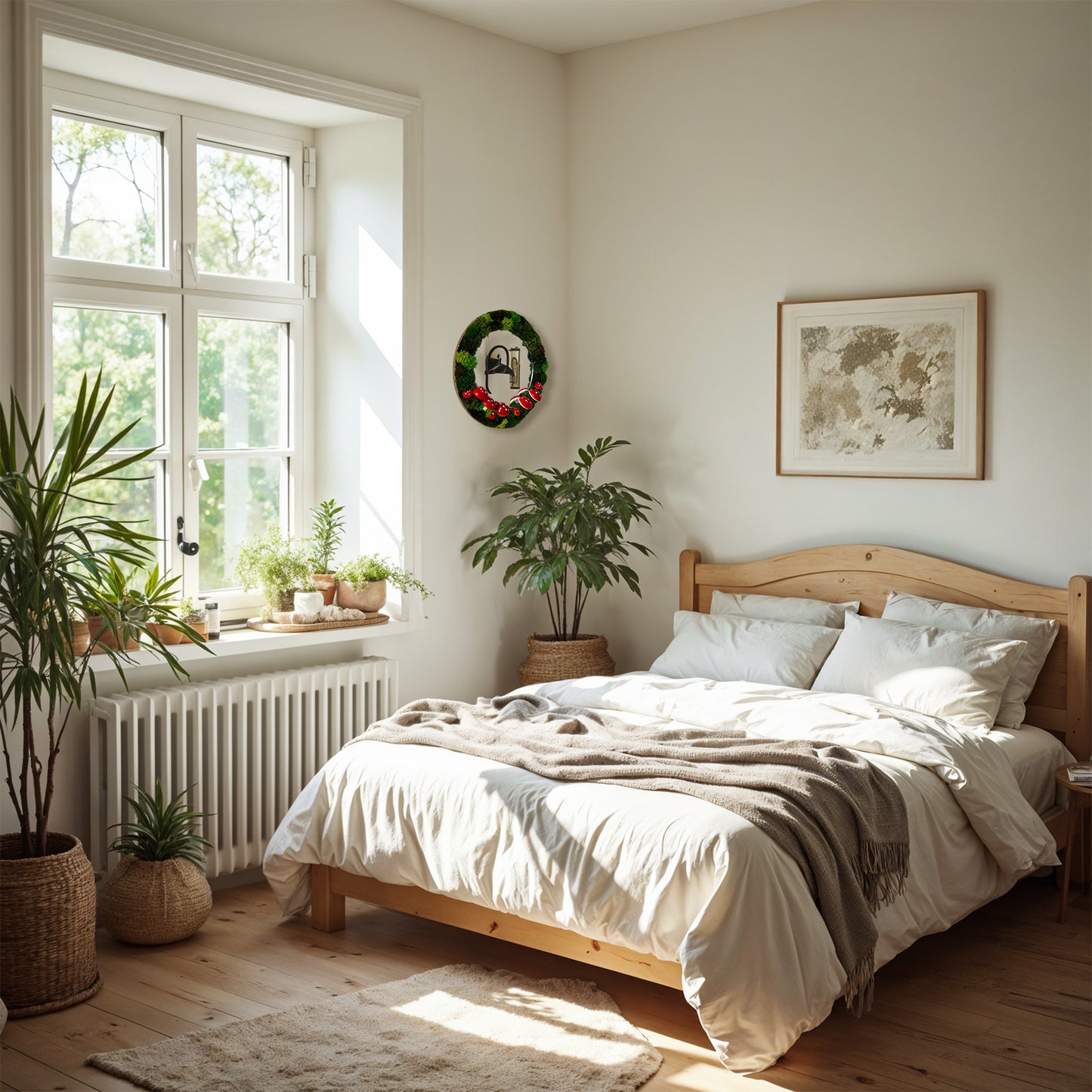 Decorative moss mirror in a bright bedroom near a window – cottagecore aesthetic home decor