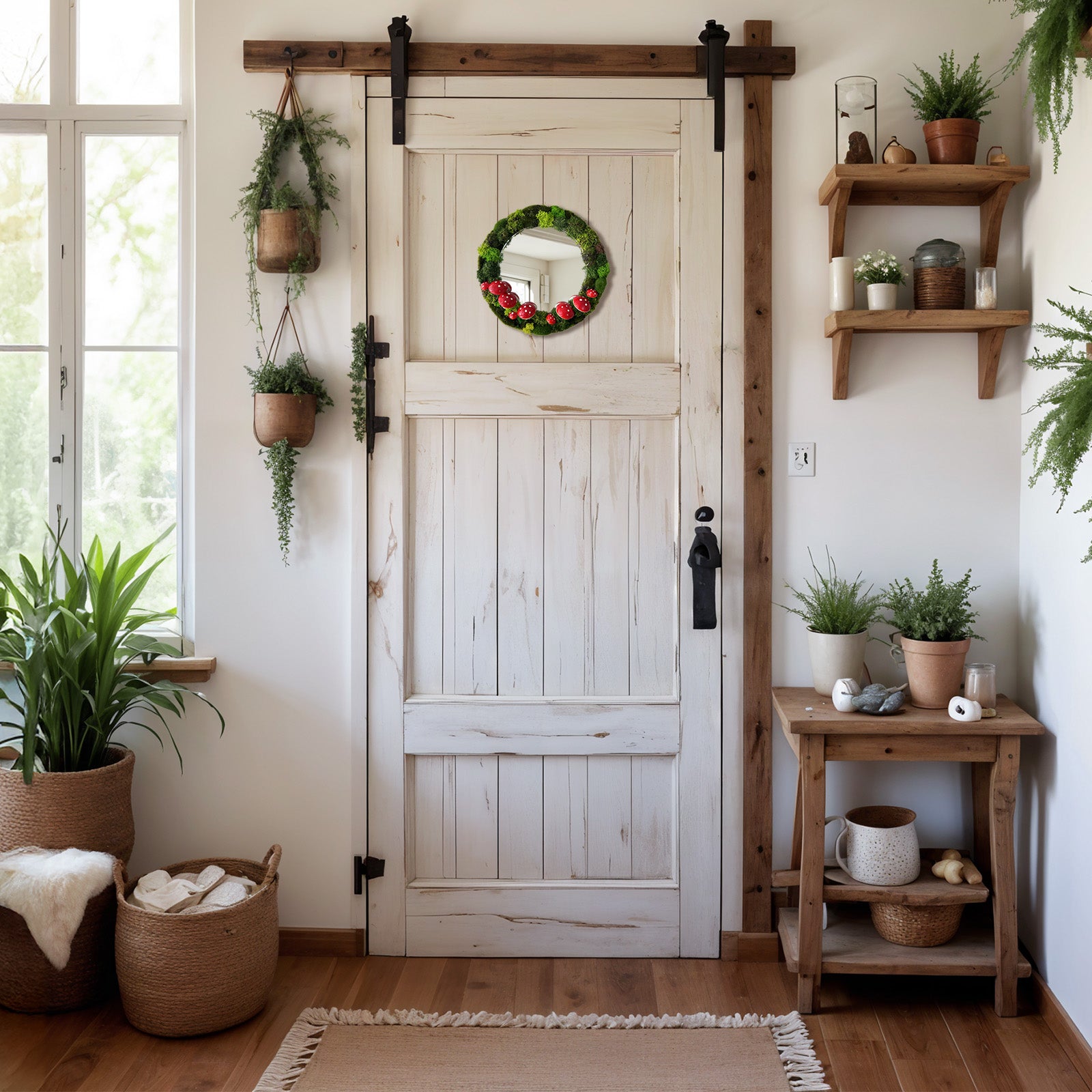 Rustic wall mirror with moss and mushrooms hanging on white farmhouse-style door
