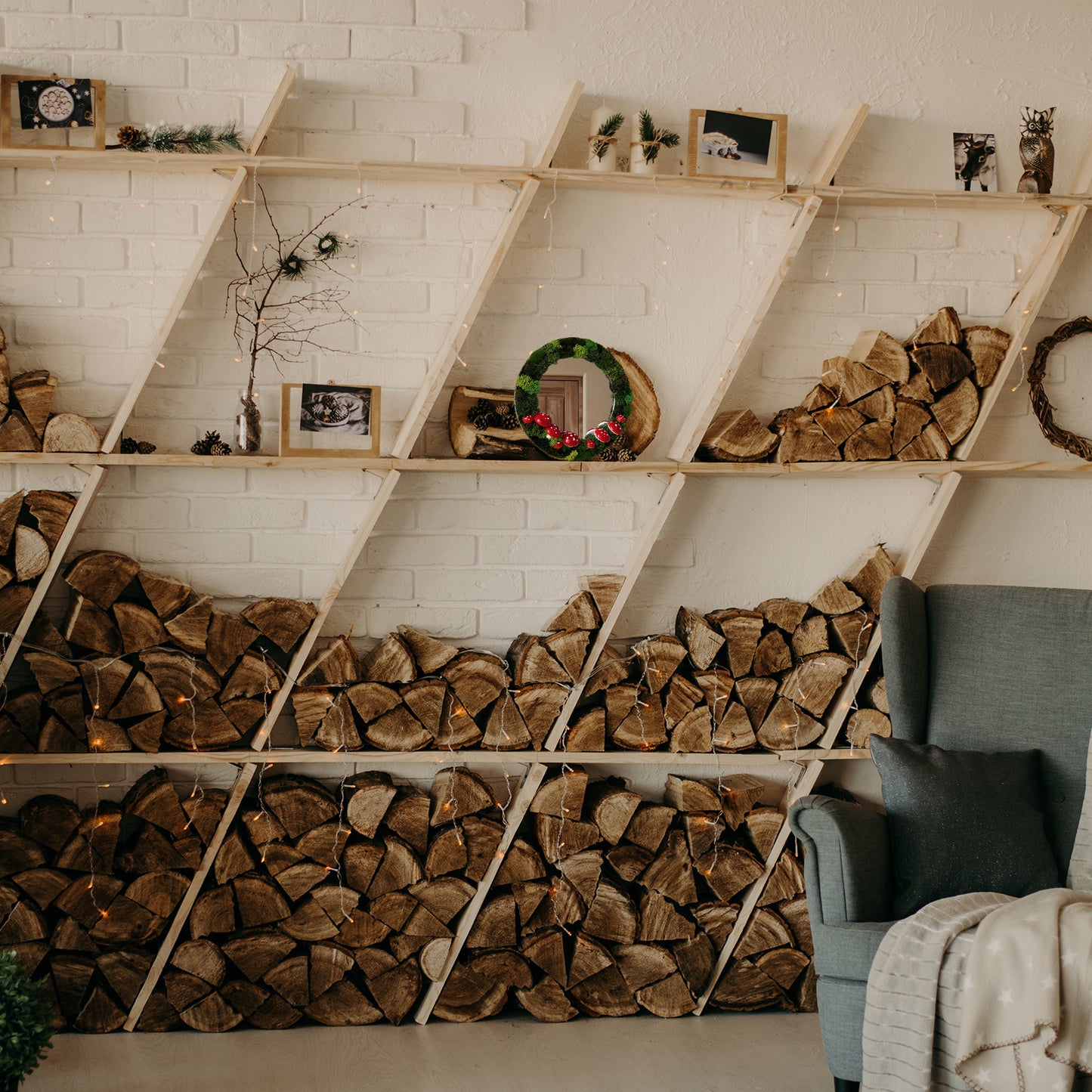 Mushroom mirror on wooden shelf surrounded by fairycore and forest green decorations