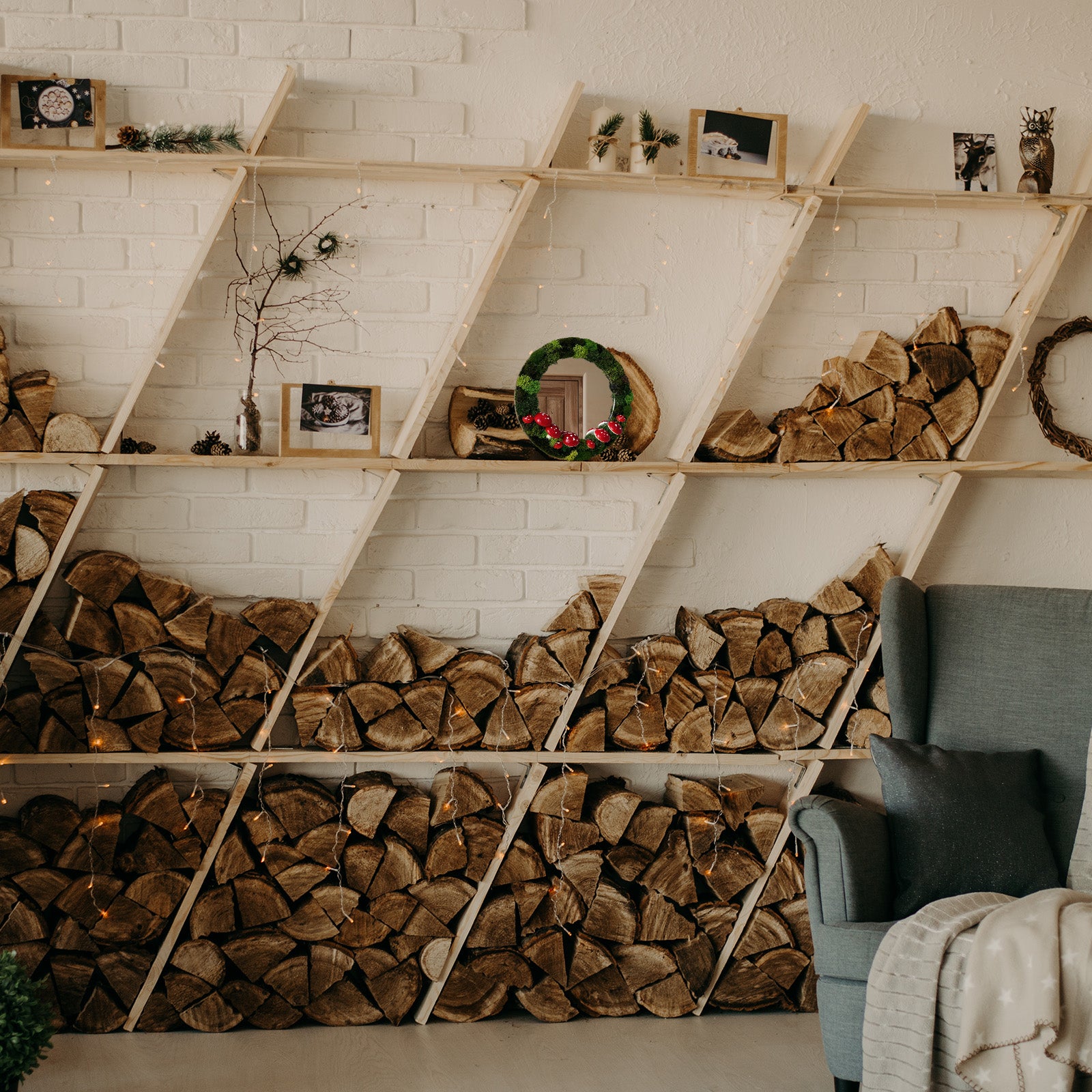 Mushroom mirror on wooden shelf surrounded by fairycore and forest green decorations