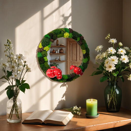 Warm daylight scene with rustic decor – preserved moss mirror as cozy forest-inspired room accent