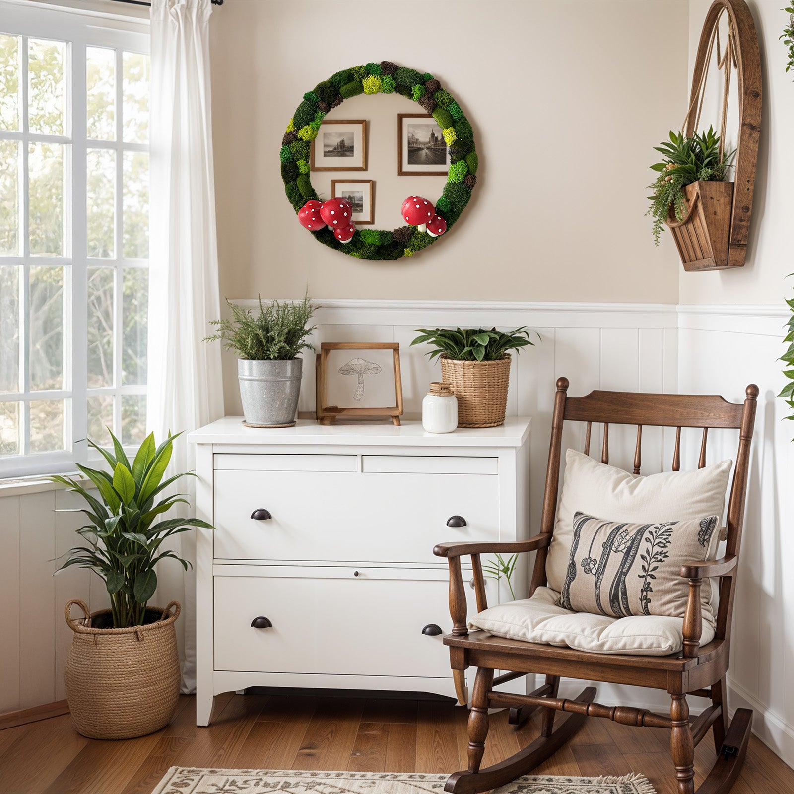 Rustic hallway with white furniture – large rustic mirror with green moss and mushroom accents