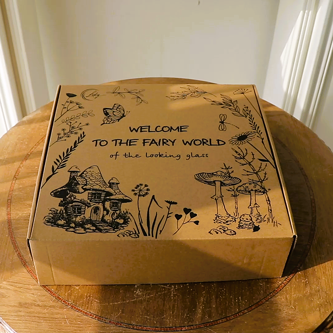 Gift-ready box with fairy art design – packaging for cute mushroom moss mirror