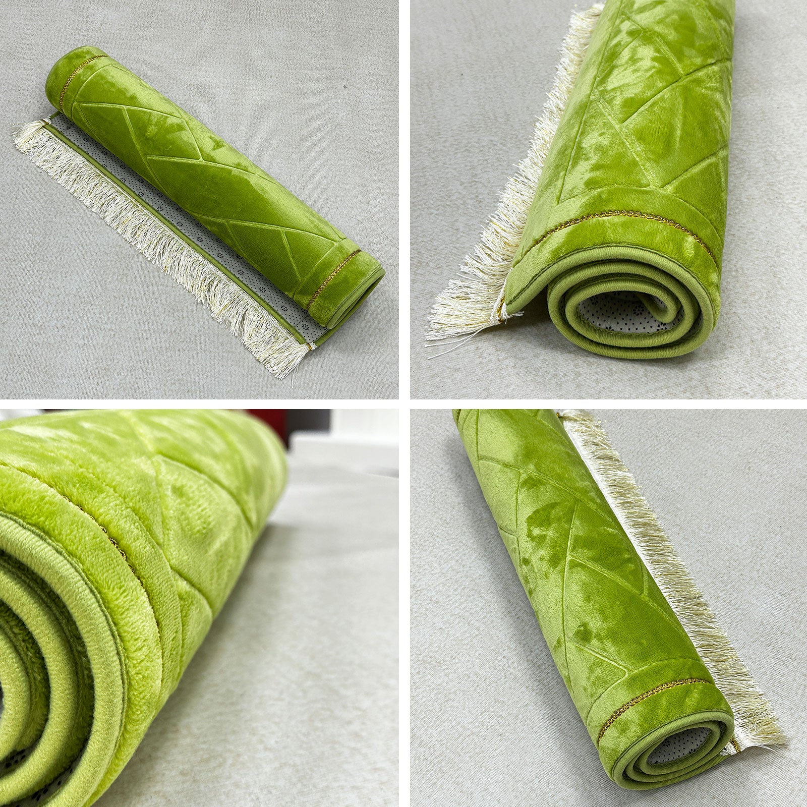 Four-image collage of green prayer rug – Muslim prayer mat for Ramadan, Eid, and daily salah